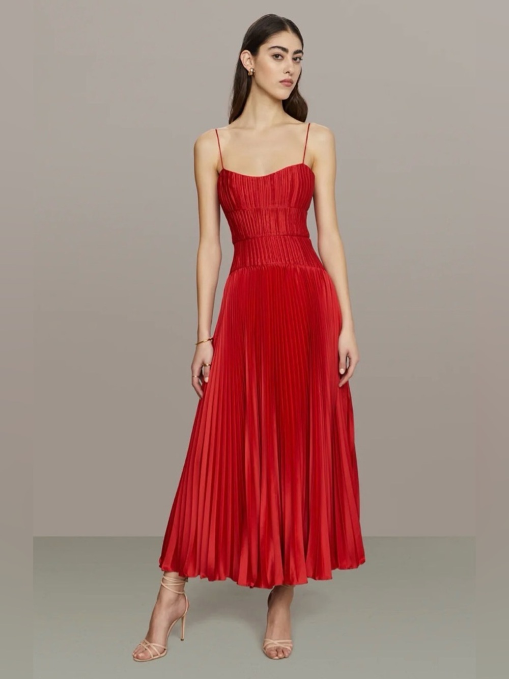 Amur RED CALLA LILY CHERRY DROP WAIST Pleated Spaghetti-Strap dress size 14. - Picture 3 of 13